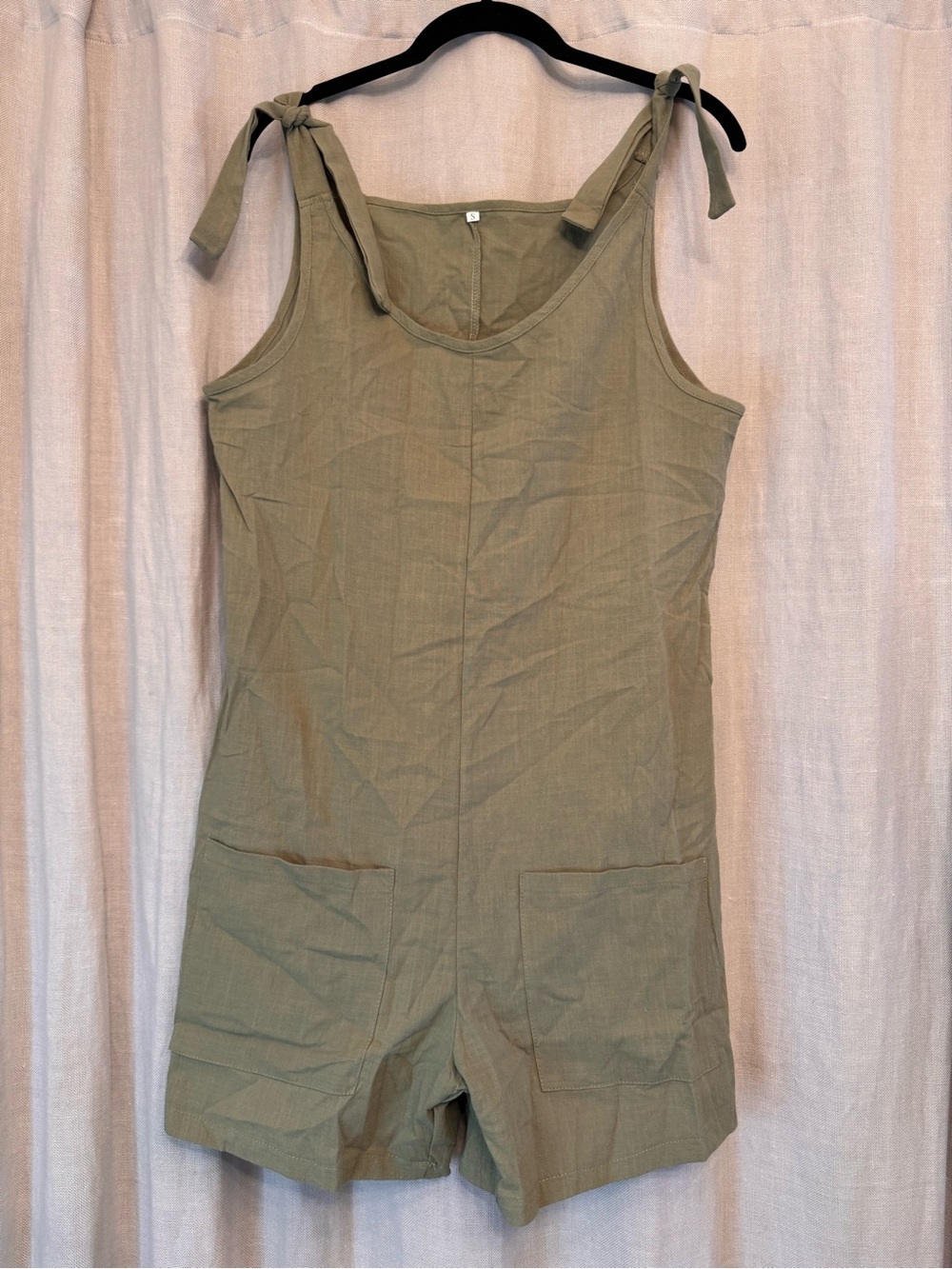 Boho Linen-Blend Tie-Strap Romper Jumpsuit Sage Green Small
